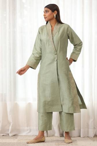 Mint green zari embroidered raw silk front open kurta plazzo set