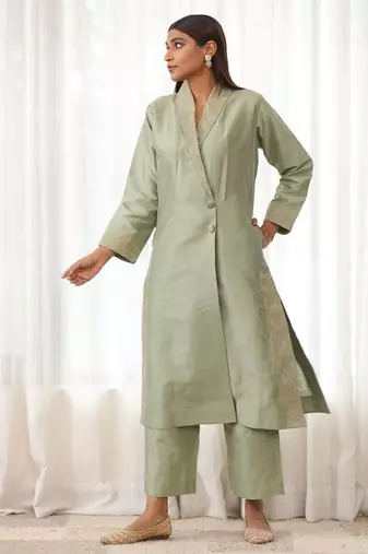 Mint green zari embroidered raw silk front open kurta plazzo set