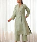 Mint green zari embroidered raw silk front open kurta plazzo set