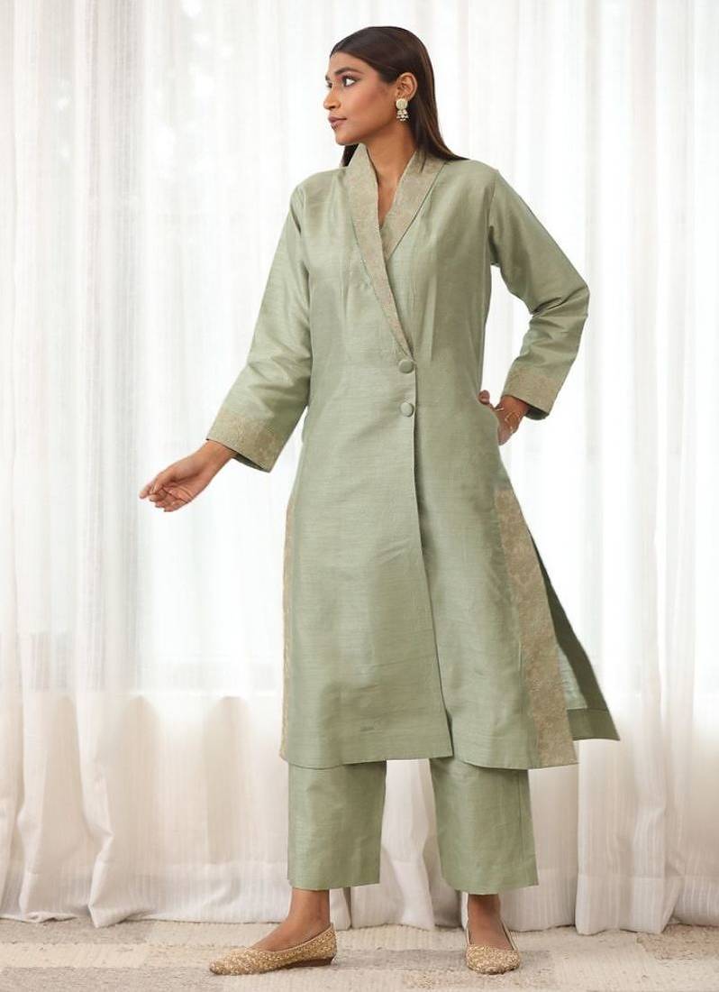 Mint green zari embroidered raw silk front open kurta plazzo set