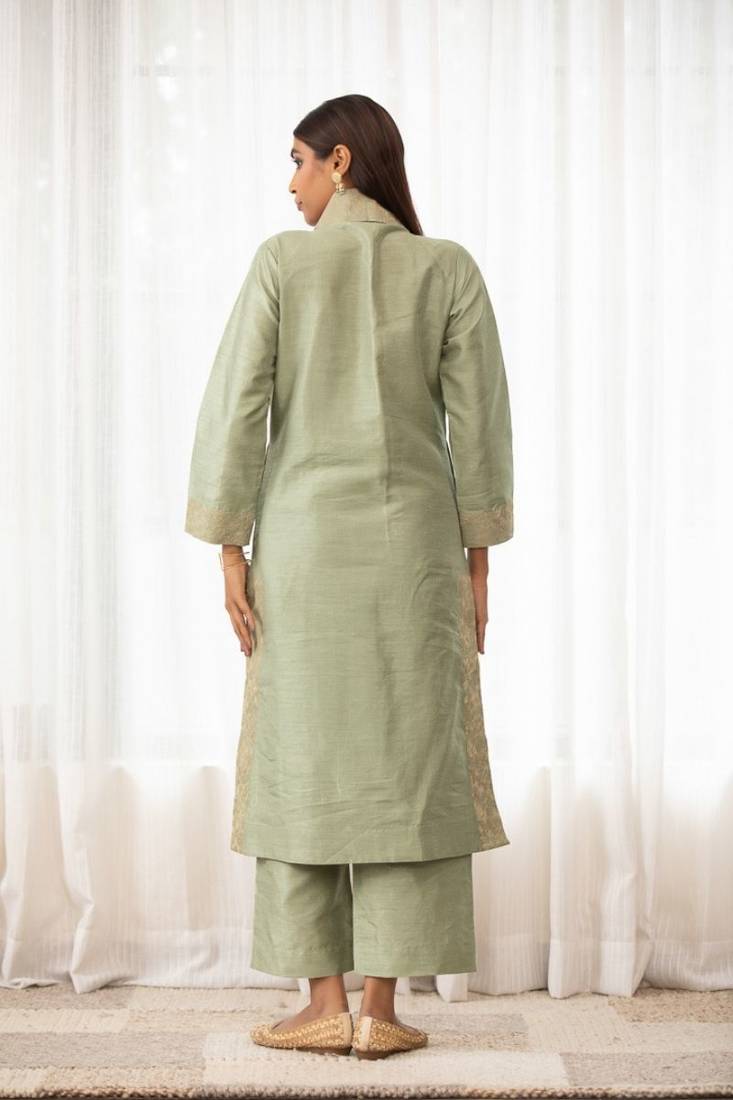 Mint green zari embroidered raw silk front open kurta plazzo set
