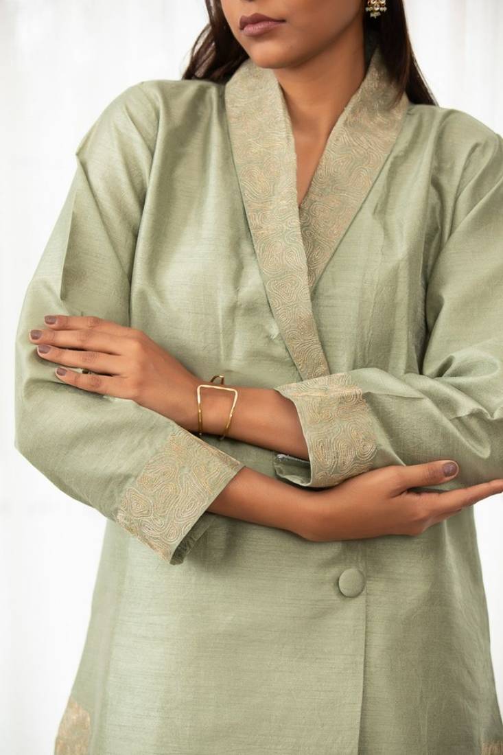 Mint green zari embroidered raw silk front open kurta plazzo set