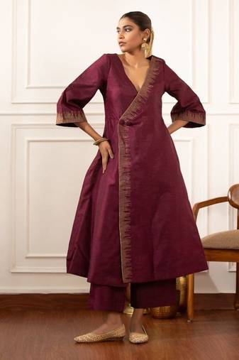 Purple zari embroidered raw silk front open kurta plazzo set