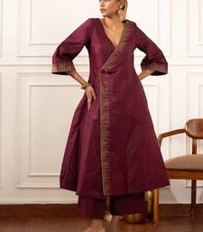 Purple zari embroidered raw silk front open kurta plazzo set