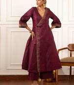 Purple zari embroidered raw silk front open kurta plazzo set
