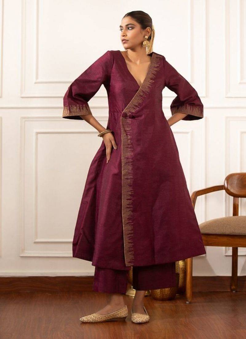 Purple zari embroidered raw silk front open kurta plazzo set