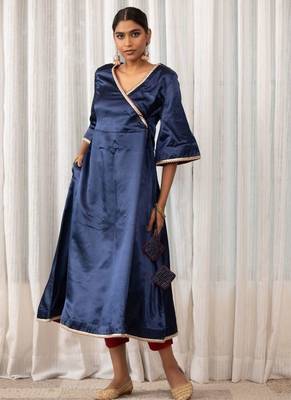 Navy lace work  a-line satin angrakha kurta plazzo set 1