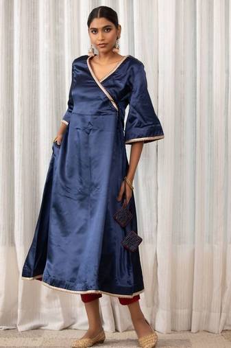 Navy lace work  a-line satin angrakha kurta plazzo set
