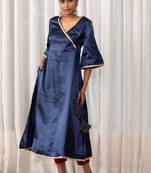 Navy lace work  a-line satin angrakha kurta plazzo set