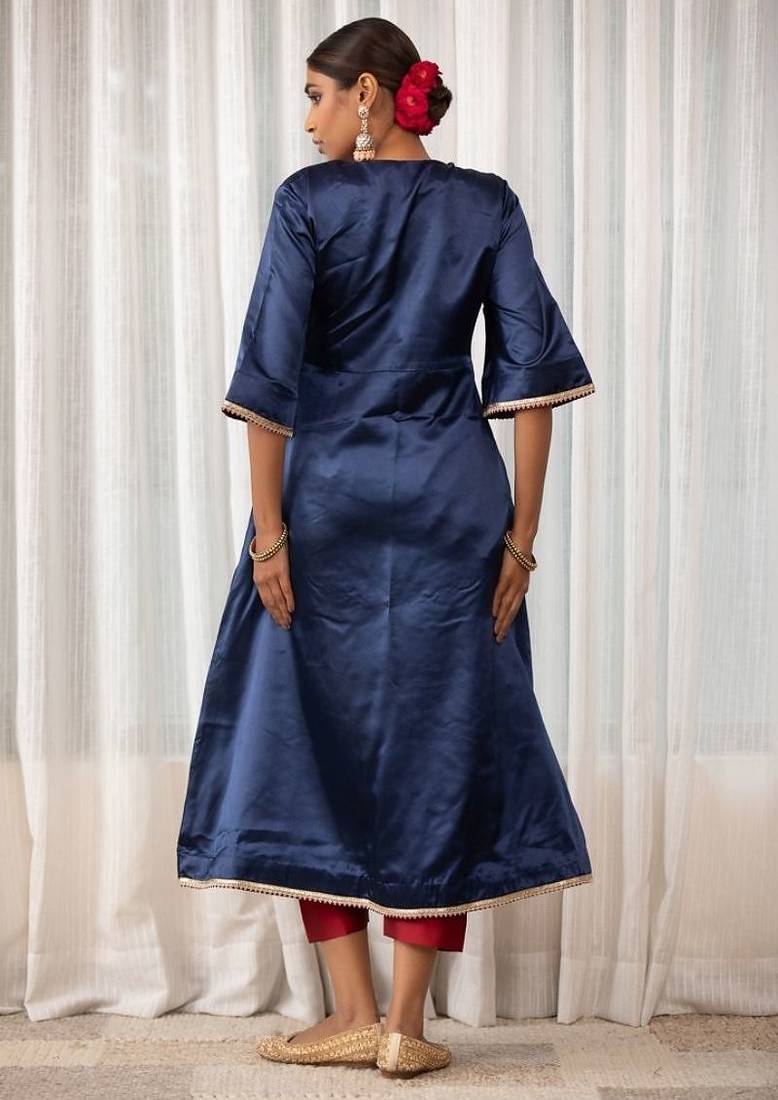 Navy lace work  a-line satin angrakha kurta plazzo set