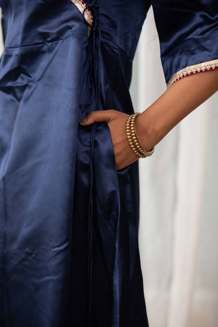 Navy lace work  a-line satin angrakha kurta plazzo set