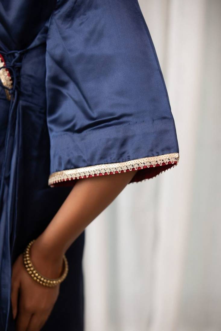 Navy lace work  a-line satin angrakha kurta plazzo set