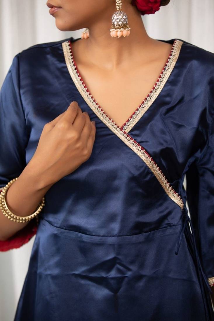 Navy lace work  a-line satin angrakha kurta plazzo set