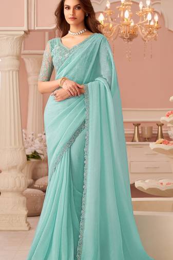 Sea green chiffon embroidered designer-embroidered -sarees with bridal embroiderd blouse