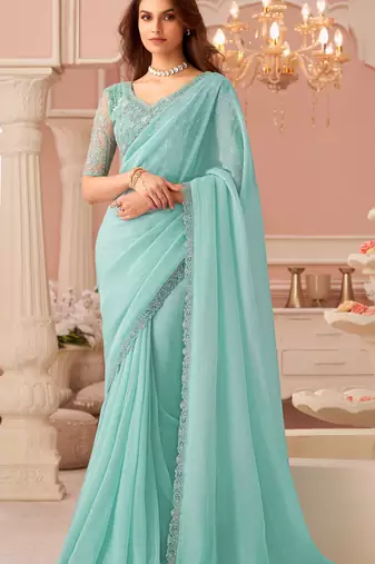 Sea green chiffon embroidered designer-embroidered -sarees with bridal embroiderd blouse