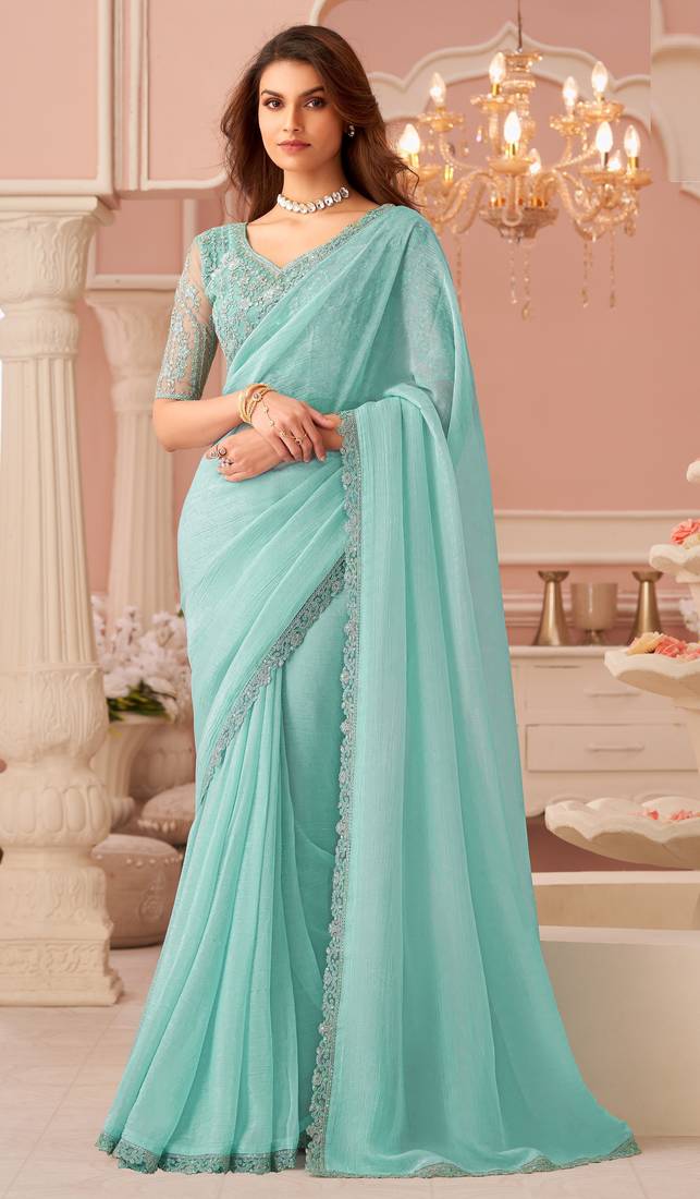 Sea green chiffon embroidered designer-embroidered -sarees with bridal embroiderd blouse