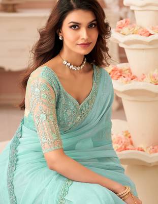 Sea green chiffon embroidered -saree with bridal embroiderd blouse 2