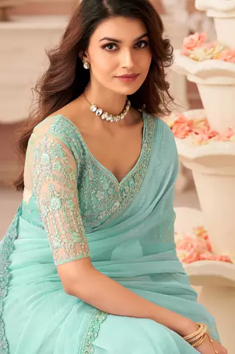 Sea green chiffon embroidered -saree with bridal embroiderd blouse