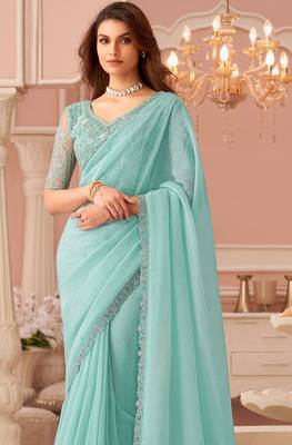 Sea green chiffon embroidered -saree with bridal embroiderd blouse 3