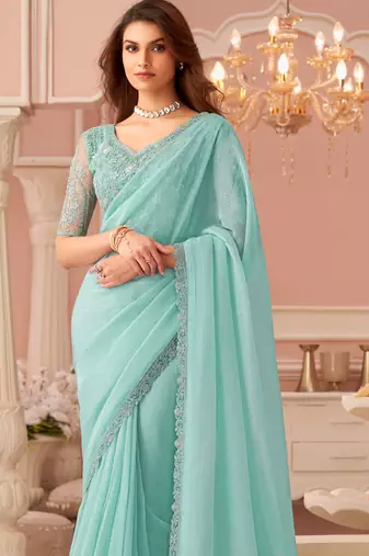 Sea green chiffon embroidered -saree with bridal embroiderd blouse