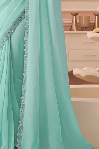 Sea green chiffon embroidered -saree with bridal embroiderd blouse