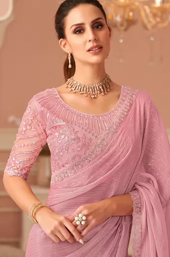 Baby pink chiffon embroidered -saree with bridal embroiderd blouse