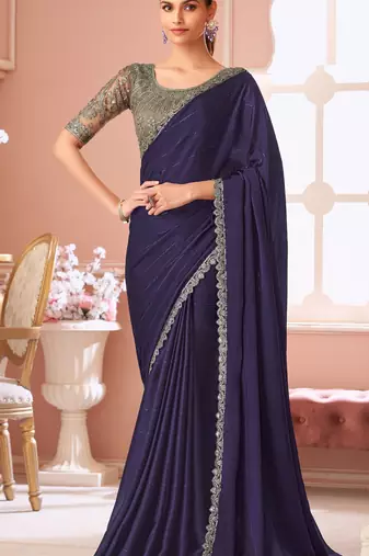 Purple chiffon embroidered fancy-sarees with bridal embroiderd blouse