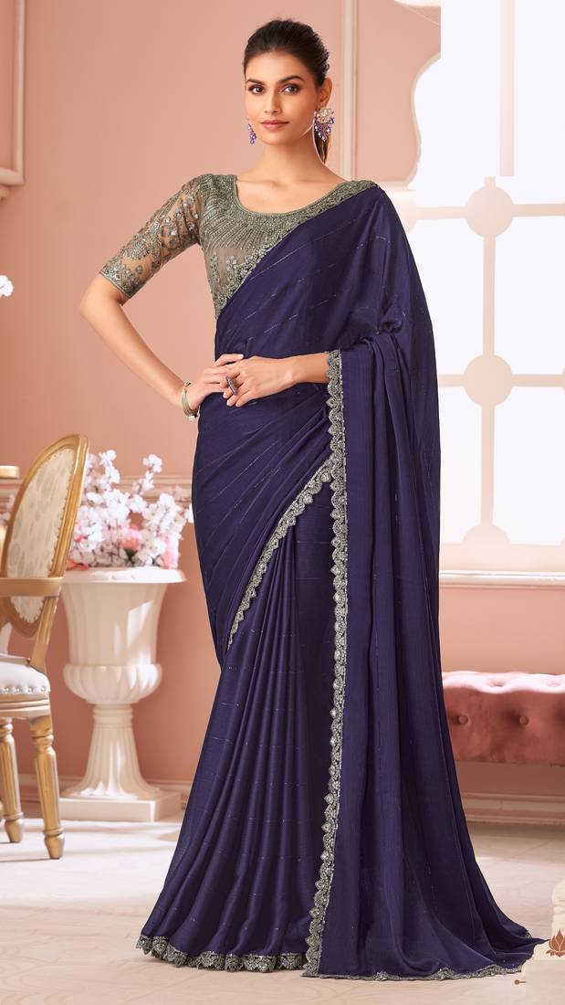Purple chiffon embroidered fancy-sarees with bridal embroiderd blouse