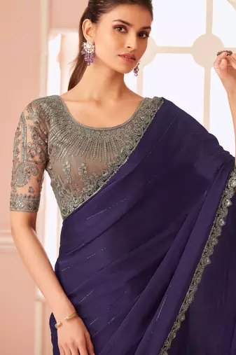 Purple chiffon embroidered fancy-saree with bridal embroiderd blouse