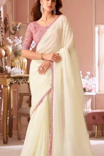 Off white chiffon embroidered fancy-sarees with bridal embroiderd blouse