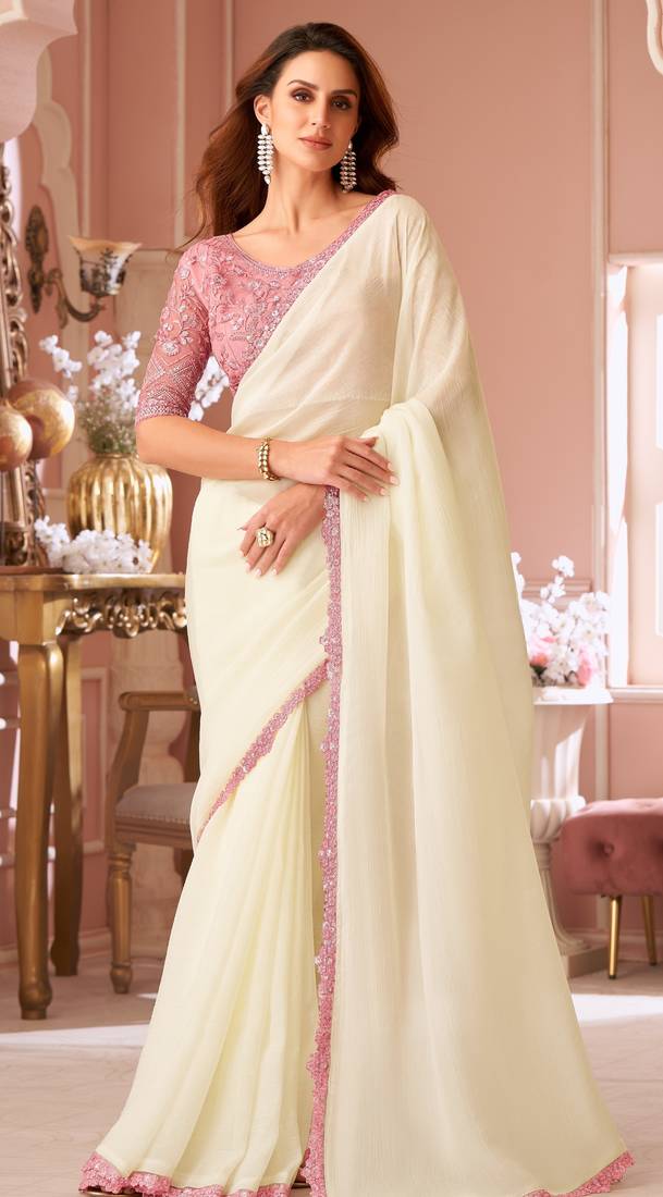 Off white chiffon embroidered fancy-sarees with bridal embroiderd blouse