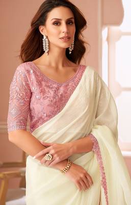 Off white chiffon embroidered fancy-saree with bridal embroiderd blouse 2
