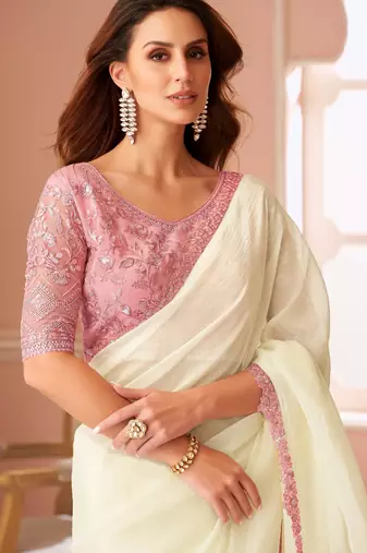 Off white chiffon embroidered fancy-saree with bridal embroiderd blouse