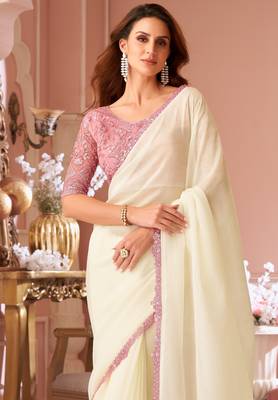 Off white chiffon embroidered fancy-saree with bridal embroiderd blouse 3