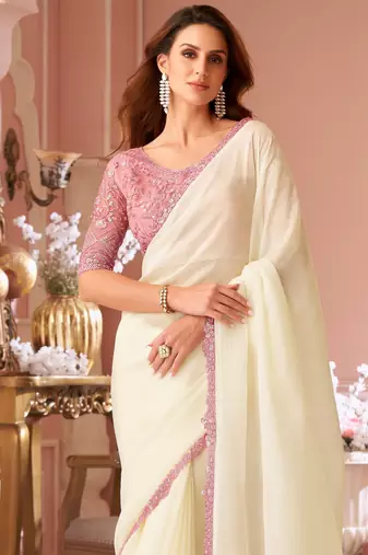 Off white chiffon embroidered fancy-saree with bridal embroiderd blouse