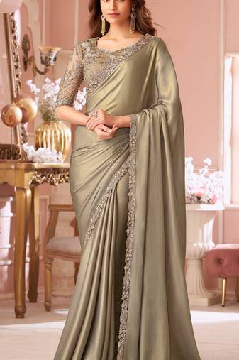 Beige chiffon embroidered bollywood-sarees with bridal embroiderd blouse