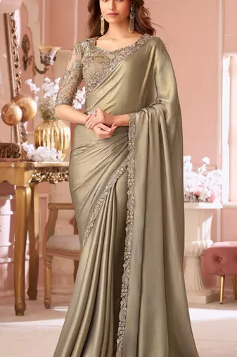 Beige chiffon embroidered bollywood-sarees with bridal embroiderd blouse
