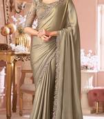 Beige chiffon embroidered bollywood-sarees with bridal embroiderd blouse