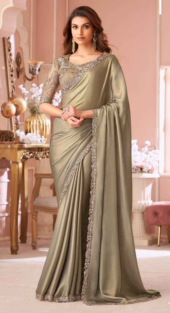 Beige chiffon embroidered bollywood-sarees with bridal embroiderd blouse