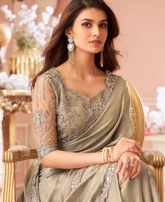 Beige chiffon embroidered bollywood-saree with bridal embroiderd blouse 2