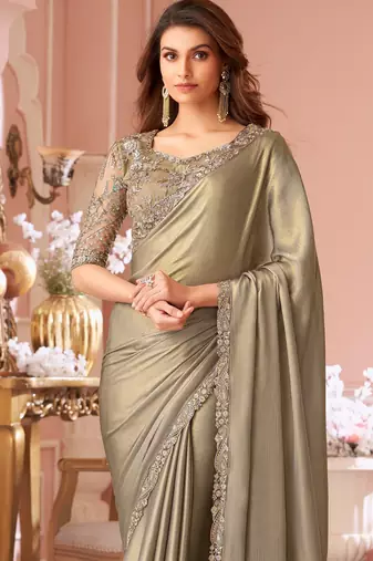 Beige chiffon embroidered bollywood-saree with bridal embroiderd blouse