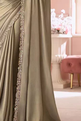 Beige chiffon embroidered bollywood-saree with bridal embroiderd blouse