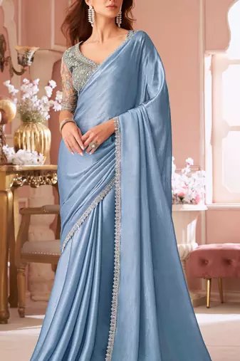 Light blue chiffon embroidered bollywood-sarees with bridal embroiderd blouse