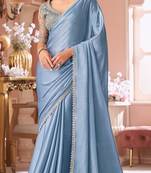 Light blue chiffon embroidered bollywood-sarees with bridal embroiderd blouse
