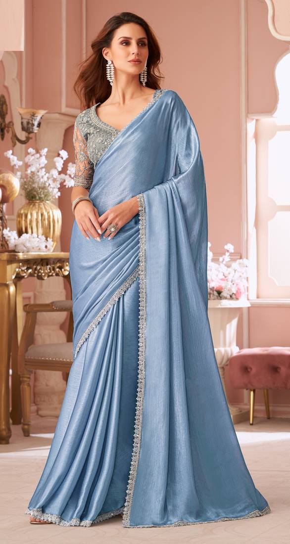Light blue chiffon embroidered bollywood-sarees with bridal embroiderd blouse