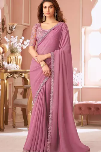 Pink chiffon embroidered bollywood-sarees with bridal embroiderd blouse