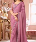 Pink chiffon embroidered bollywood-sarees with bridal embroiderd blouse