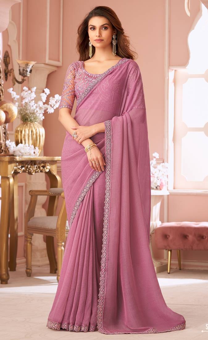 Pink chiffon embroidered bollywood-sarees with bridal embroiderd blouse