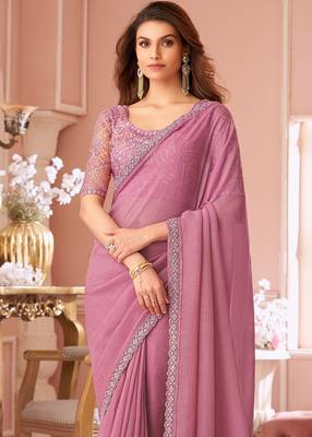 Pink chiffon embroidered bollywood-saree with bridal embroiderd blouse 2