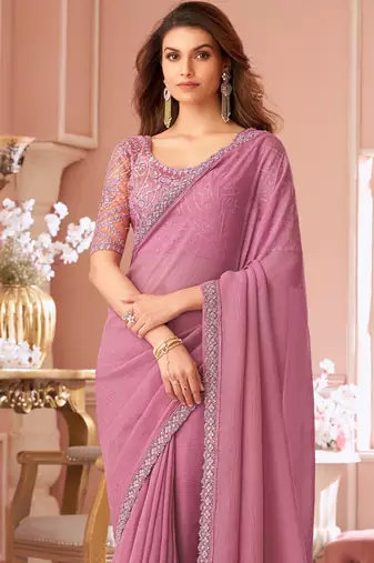 Pink chiffon embroidered bollywood-saree with bridal embroiderd blouse